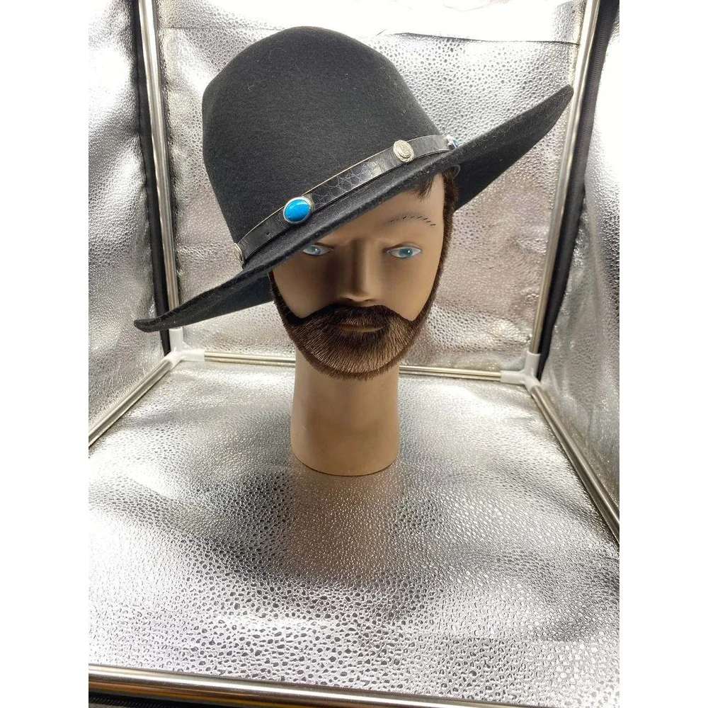 Bee Hat Co Cowboy‎ Hat Mens 7 1/4 Black Felt Turquoise Concho Wide Brim Western